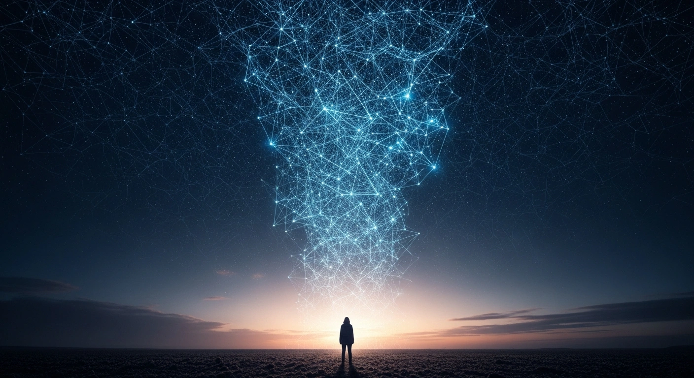 A wide, low-angle shot shows a vast, glowing digital net retracting into a dark sky, revealing a silhouetted figure below now bathed in warm light, symbolizing Denmark's withdrawal of the 'Chat Control' proposal and the preservation of privacy and end-to-end encryption.