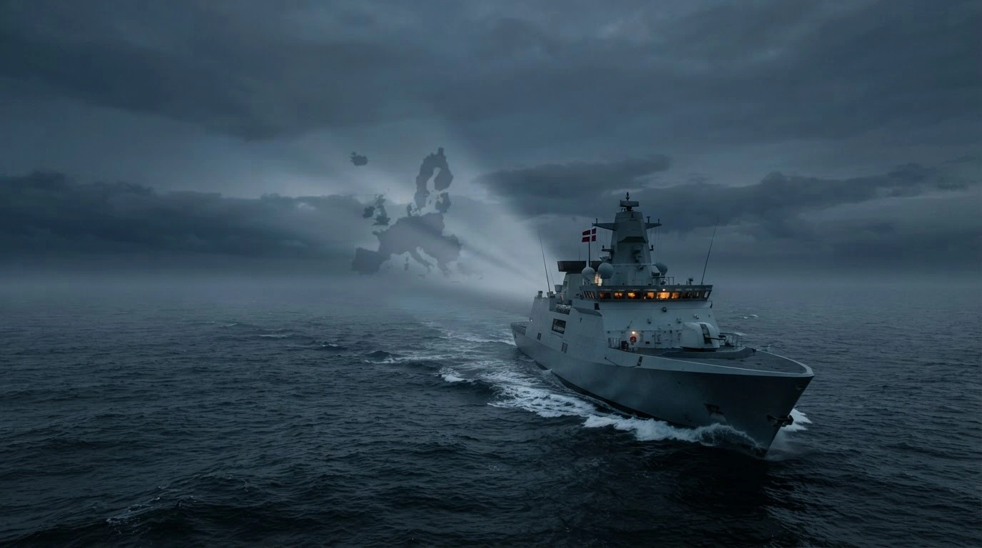 A Danish naval frigate sails through the North Sea as Denmark shifts its defense strategy toward deeper European and NATO integration.