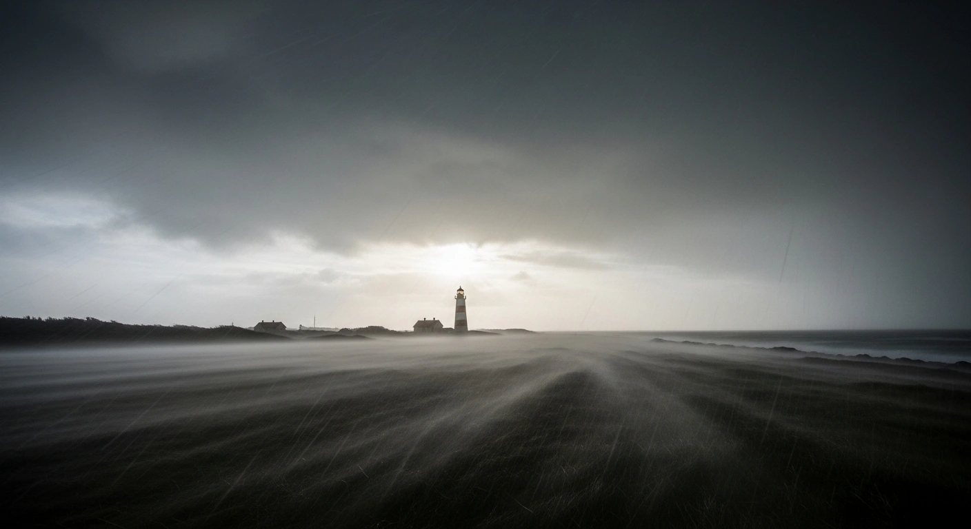 A wide, low-angle shot captures a desolate Danish coastal landscape under a bruised, leaden sky, with torrential rain driven horizontally by wind, depicting the heightened risk of extreme rainfall in Denmark, a finding from a new study by the Danish Meteorological Institute.