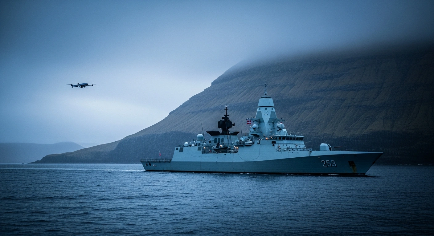 A Danish naval frigate patrols the waters near the Faroe Islands to enhance military surveillance and North Atlantic security.