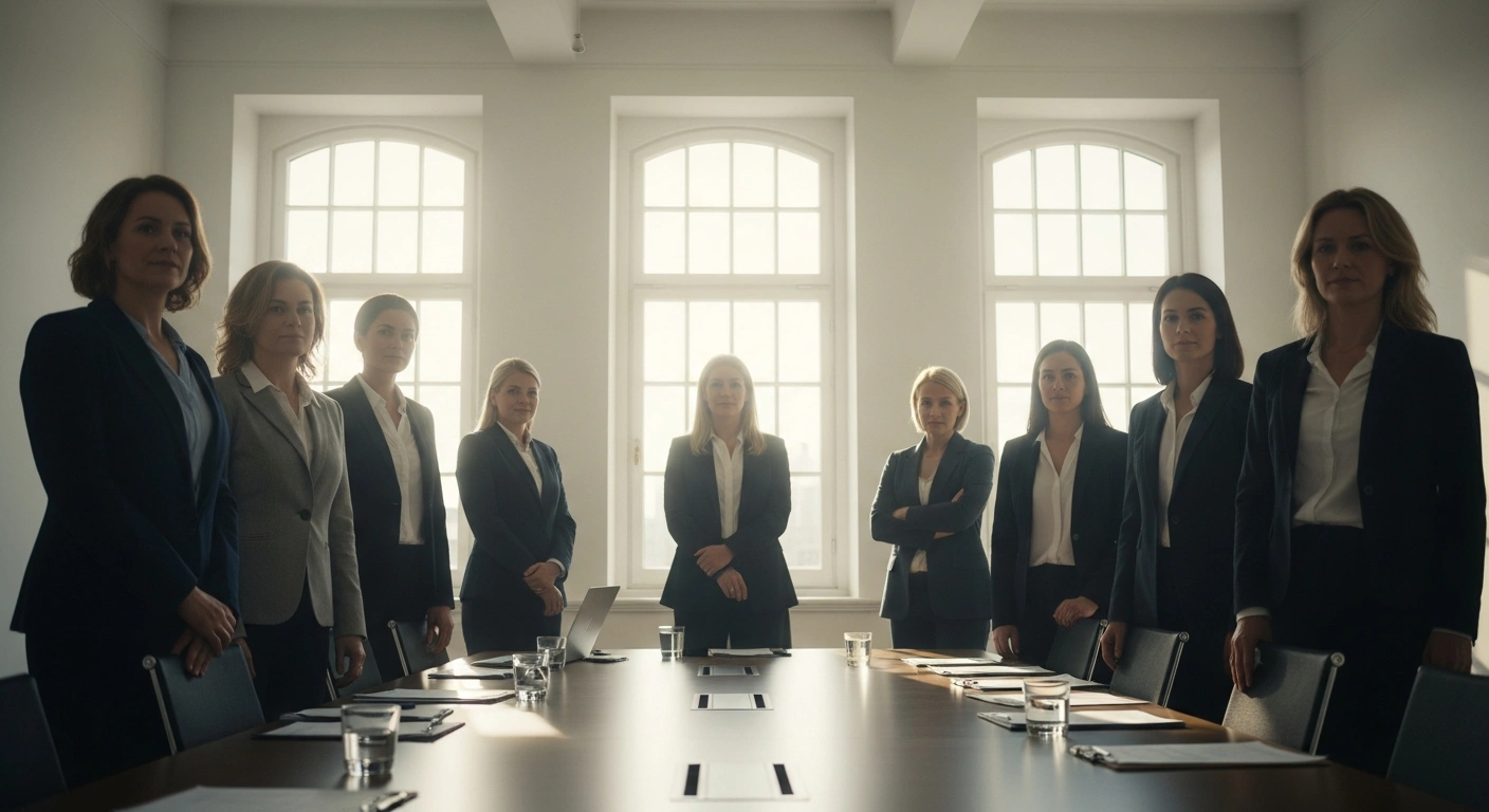 A diverse group of professional women in a sun-drenched corporate boardroom, standing confidently around a polished conference table, symbolizing the significant surge in female leadership, including CEOs and chairpersons, within Denmark's largest companies.