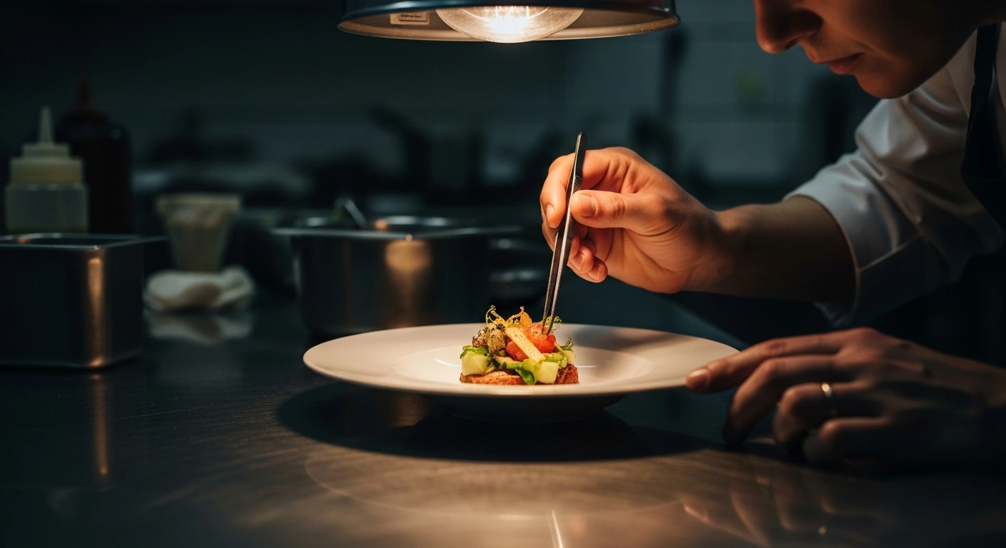 A professional chef carefully plating a gourmet dish in a Danish restaurant as part of the national debate on recognizing gastronomy as an art form.