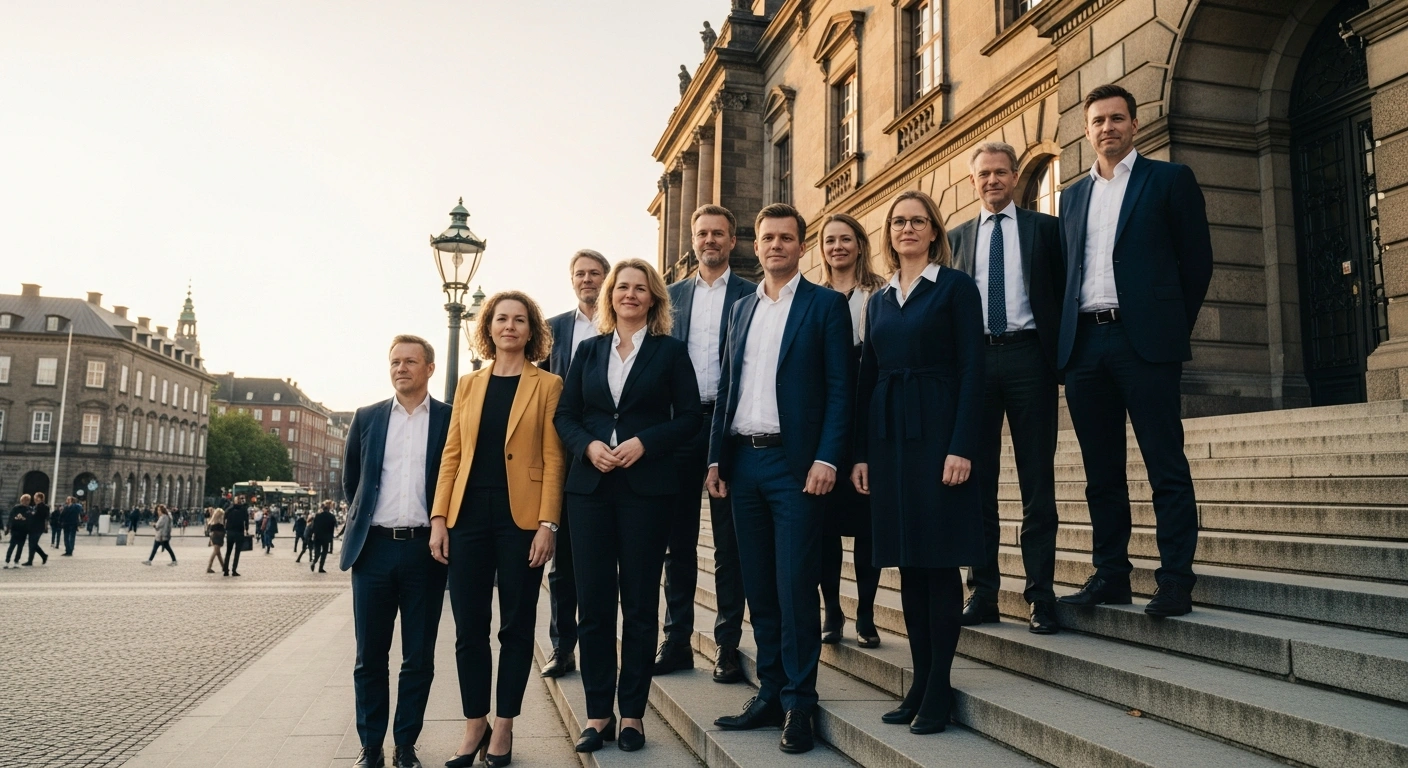 Danish politicians from the Green Left party stand together at Christiansborg Palace after joining the coalition government.