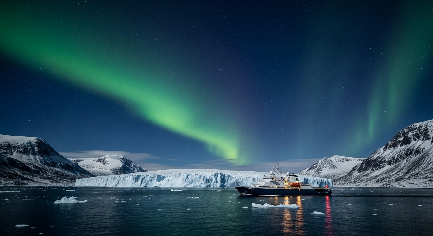 A modern ship sails through the icy Arctic waters off the coast of Greenland as the Danish government maintains its constitutional relationship with the territory.