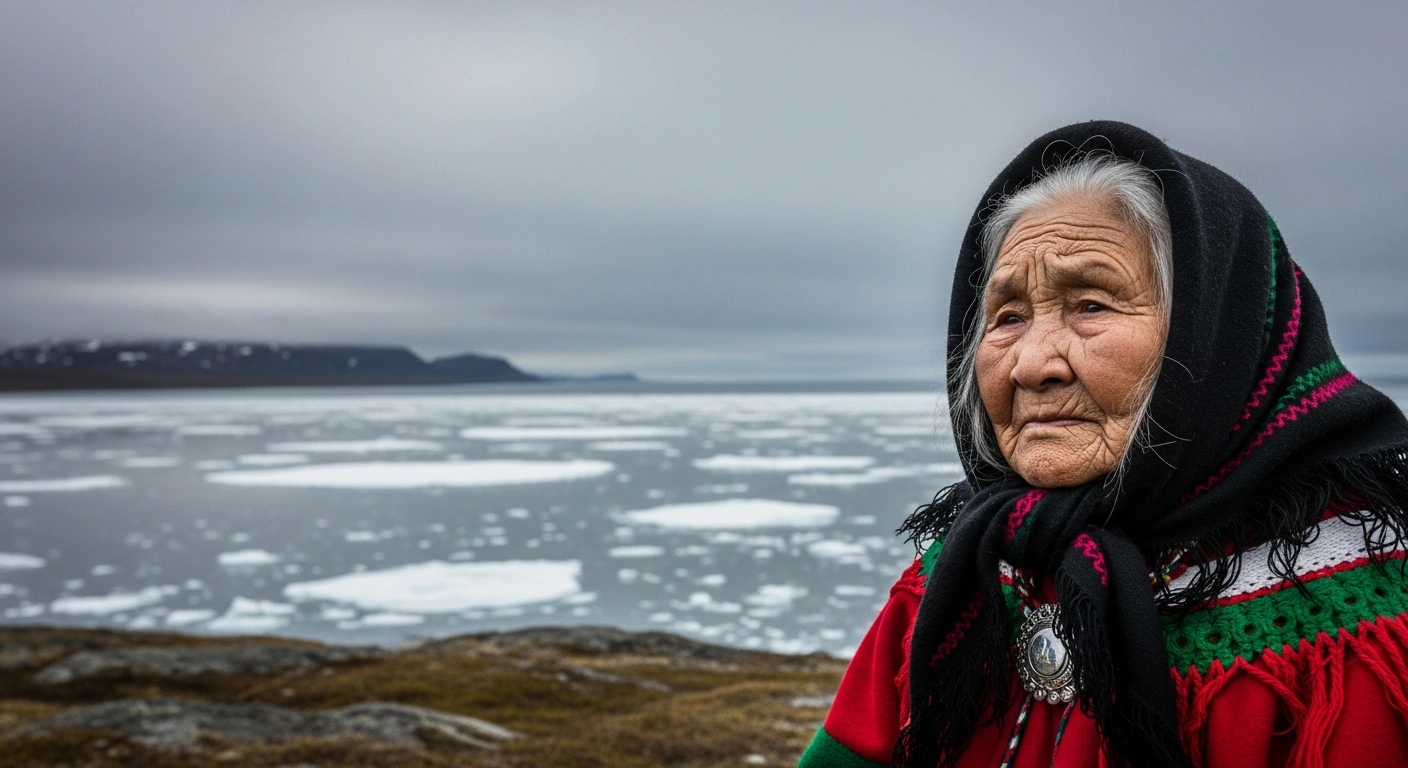 An elderly Greenlandic Inuit woman, with a face etched by history, stands on a rugged, desolate coast under an overcast sky, symbolizing the human rights investigation into Denmark's historical policies toward the Greenlandic people.