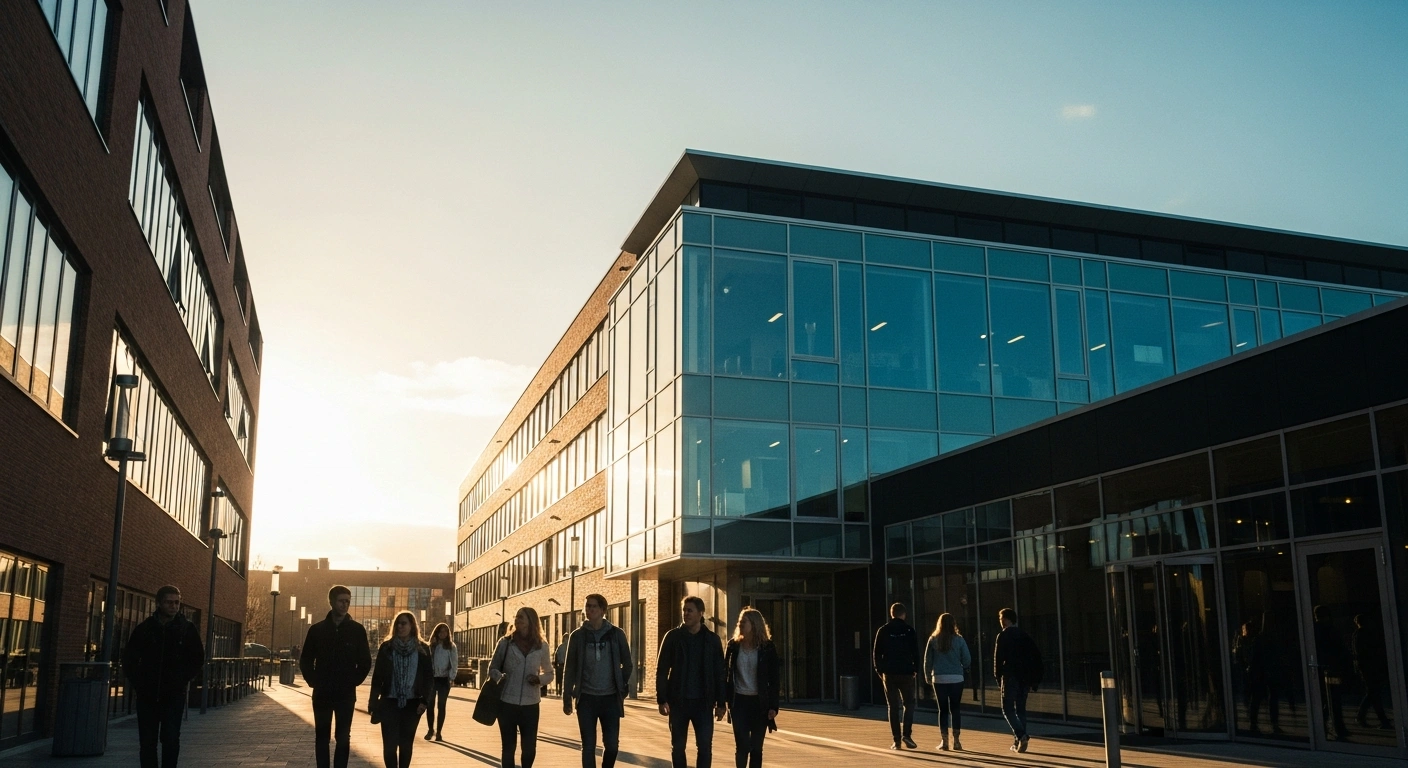 A group of students walks toward a modern university building in Denmark following the close of the 2026 higher education application deadline.