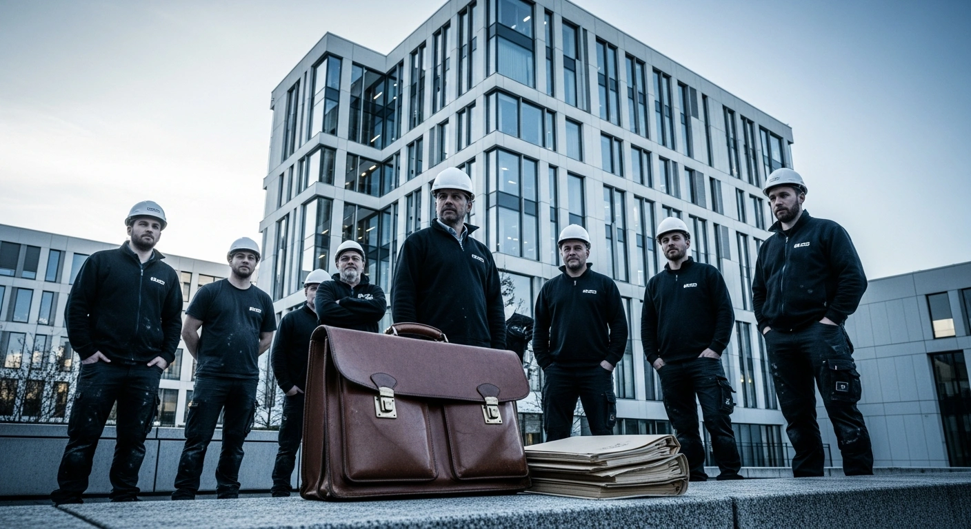 A group of construction workers stands outside a modern office building in Denmark as labor unions raise concerns about foreign worker documentation and collective bargaining.
