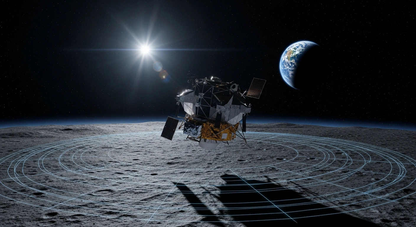 A sleek, advanced lunar satellite, representing Denmark's Máni mission, orbits above a dramatically lit, cratered Moon's surface, which is overlaid with intricate, glowing holographic lines indicating high-resolution 3D mapping, with a vibrant Earth visible in the distant background.