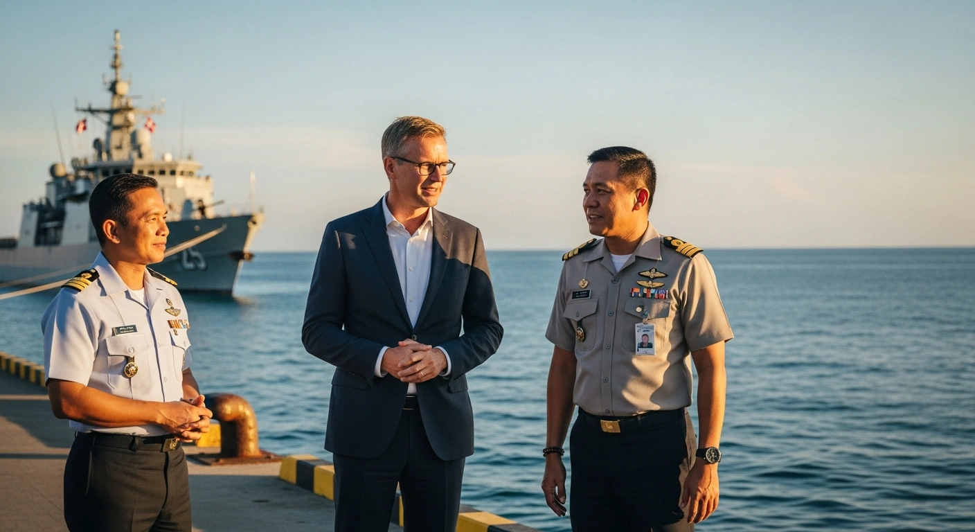 Danish Ambassador Franz-Michael Mellbin stands with a Philippine military official at a harbor to discuss maritime security and defense cooperation.