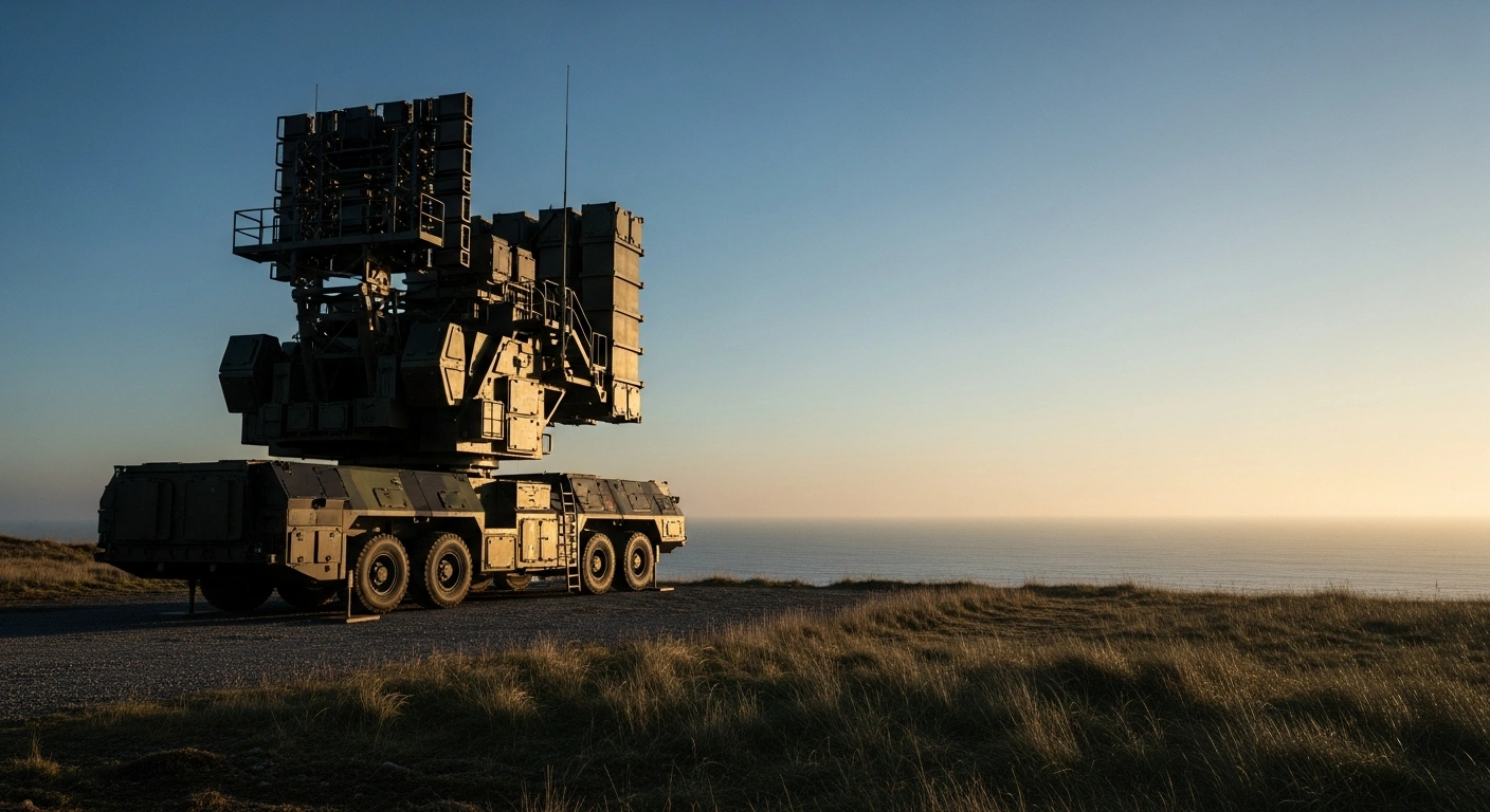 A modern SAMP/T NG air and missile defense system stands ready on a coastal landscape in Denmark to protect against aerial threats.