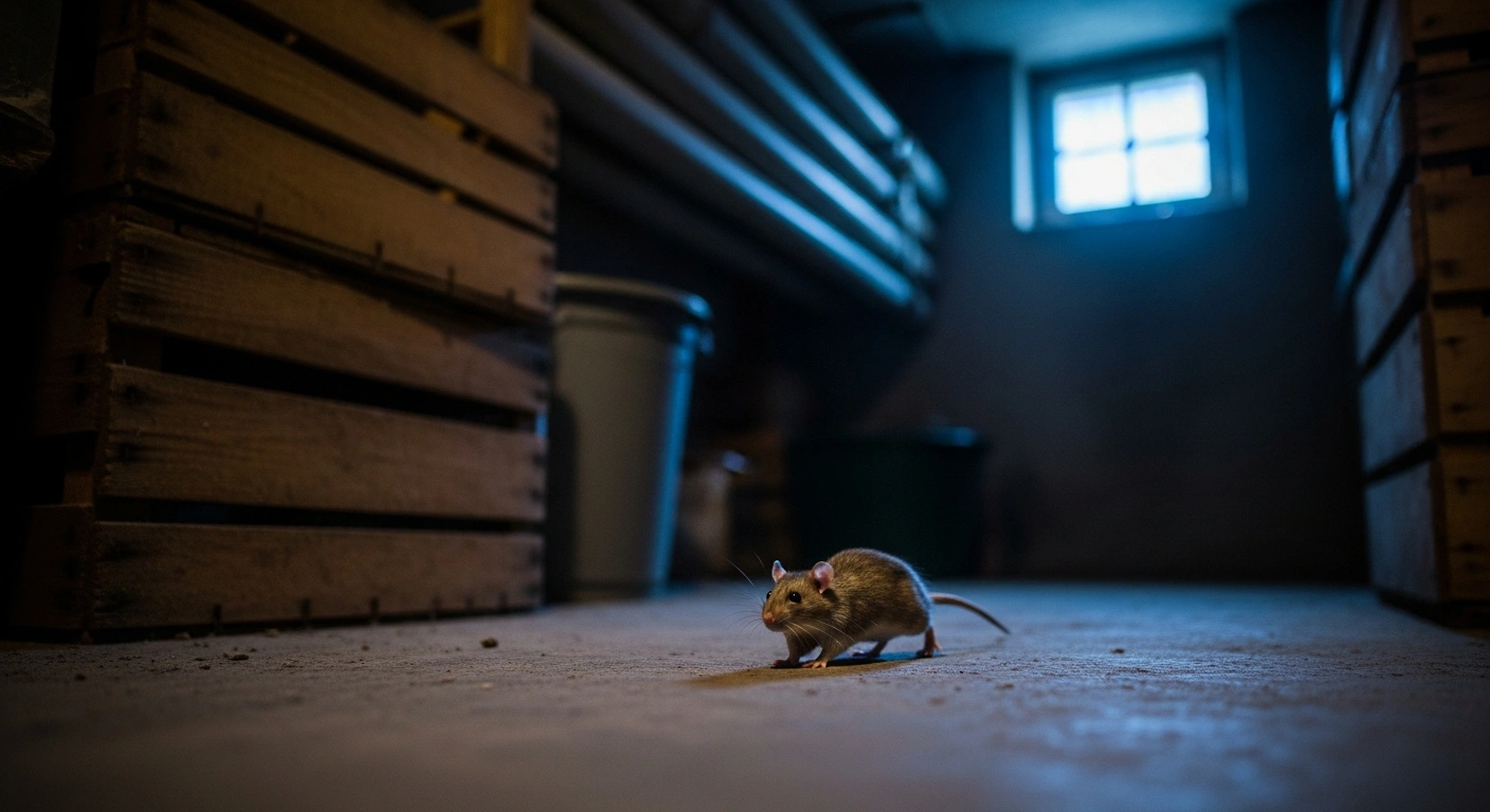 A rat scurries across the floor of a dark basement in Denmark, highlighting the country's recent surge in residential pest infestations.