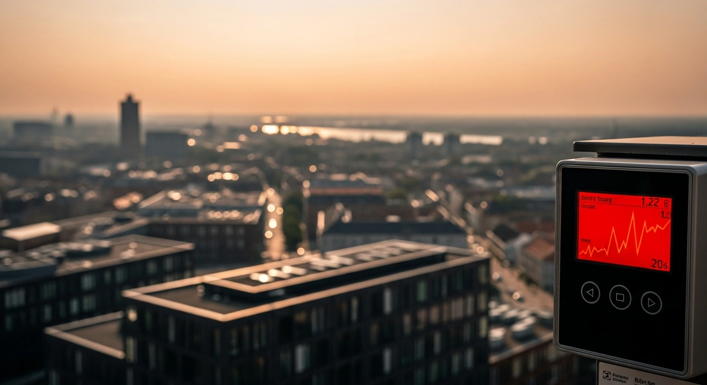 A digital smart meter glows red in a Danish city during a severe heatwave as electricity prices reach record highs.