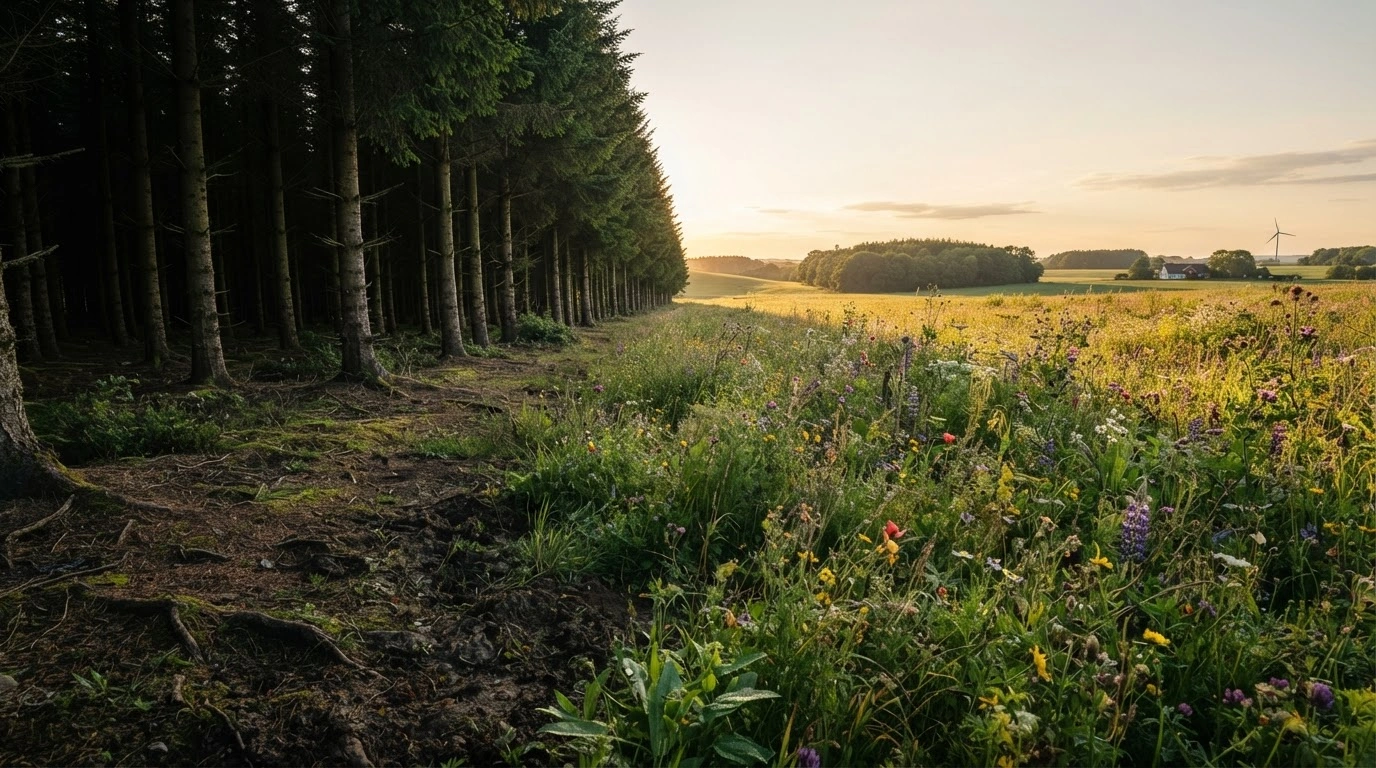 A split landscape in Denmark shows the contrast between a dense, uniform carbon-sequestering forest and a diverse, native wildflower meadow.