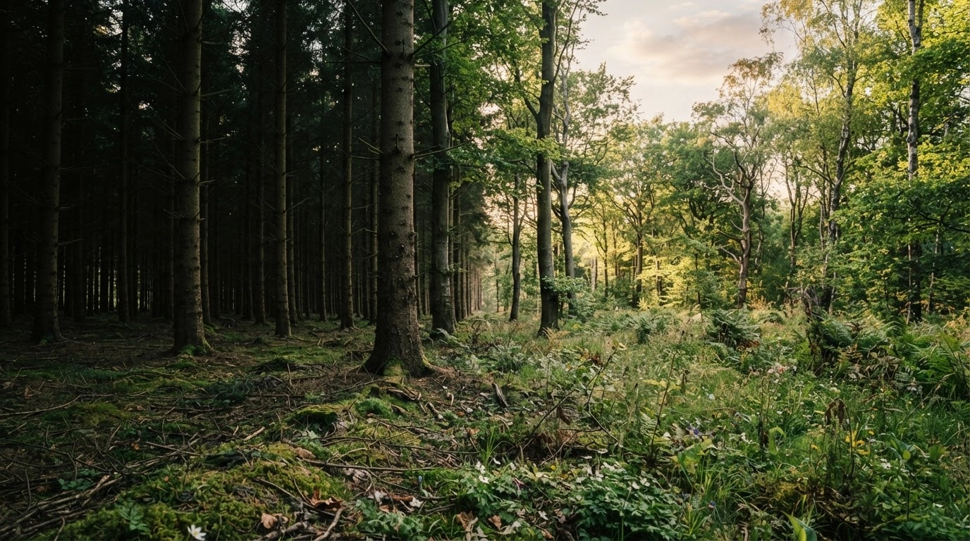 A split-view landscape shows a dense, uniform pine plantation alongside a diverse, thriving forest in Denmark, illustrating the balance between carbon sequestration and biodiversity.