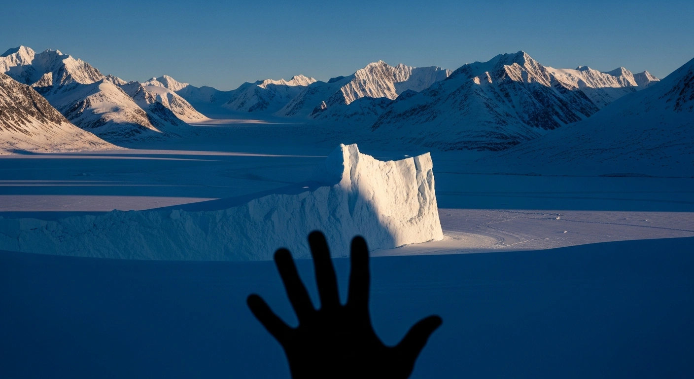 A wide shot captures majestic, ice-capped mountains in Greenland under a twilight sky, with a dark silhouette of a hand reaching into the frame and a prominent, jagged ice formation symbolizing Denmark and Greenland's firm rejection of US acquisition threats.