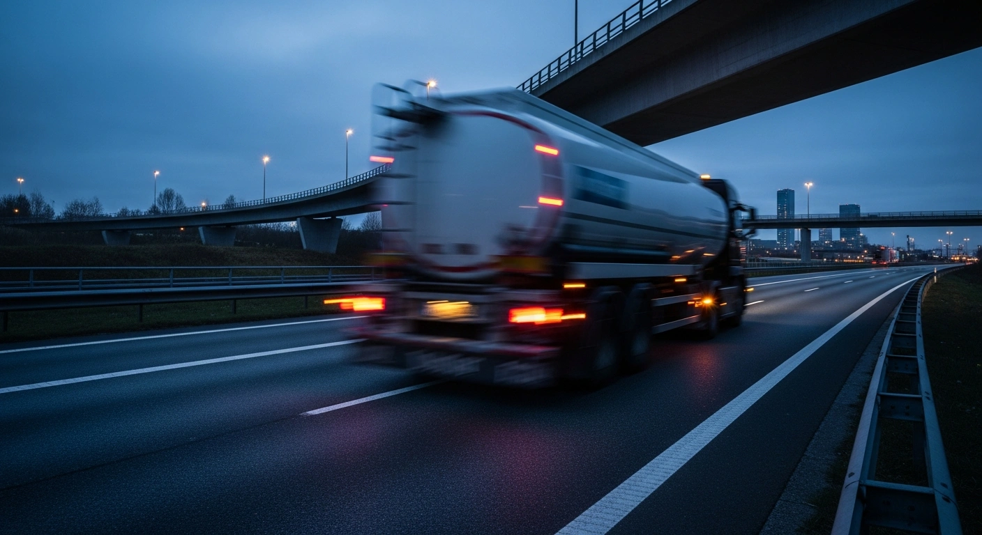 A fuel tanker truck drives along a highway in Denmark during twilight as rising fuel costs impact the national inflation rate.