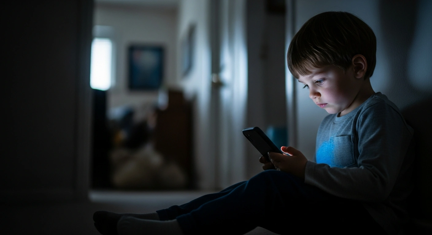 A young child sits in a dimly lit room while looking at a glowing smartphone screen, representing the Danish government's proposal to restrict social media access for children under 15.