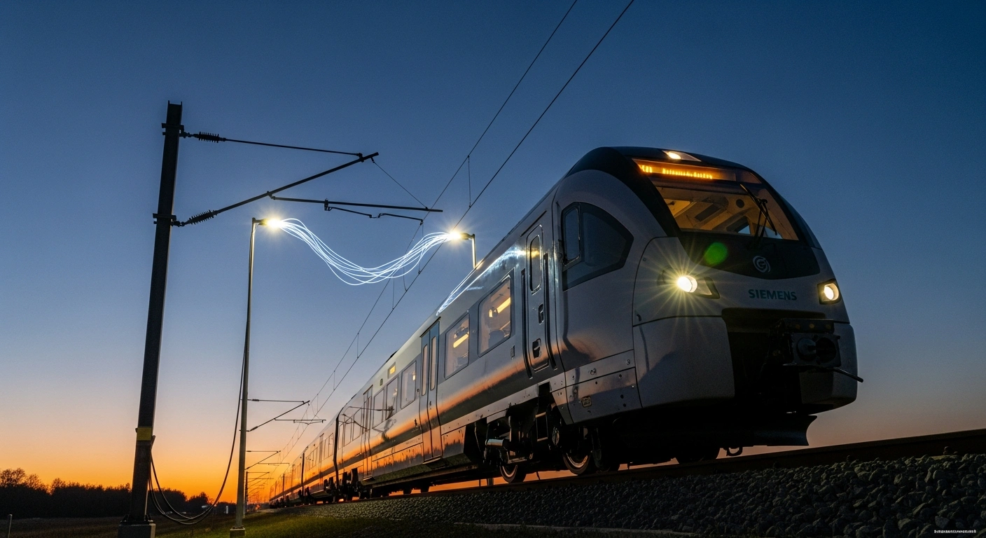 A modern Siemens Mireo Plus B battery-powered train is shown connected to newly launched charging facilities on Denmark's Skjern–Holstebro line, symbolizing Banedanmark's green transition in rail transport by replacing diesel railcars.