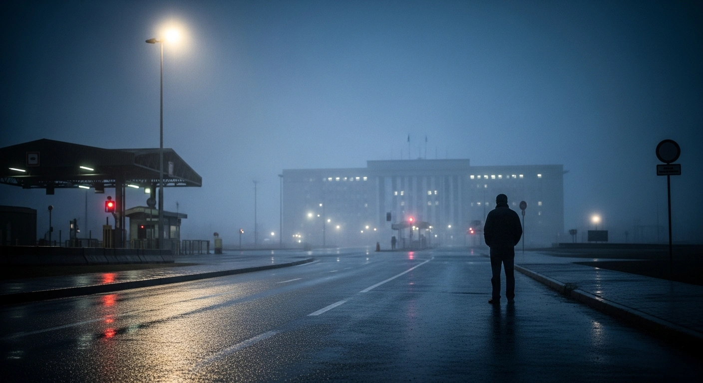 A lone man stands at a border crossing as the Danish government updates residency permit policies for Ukrainian men eligible for military conscription.