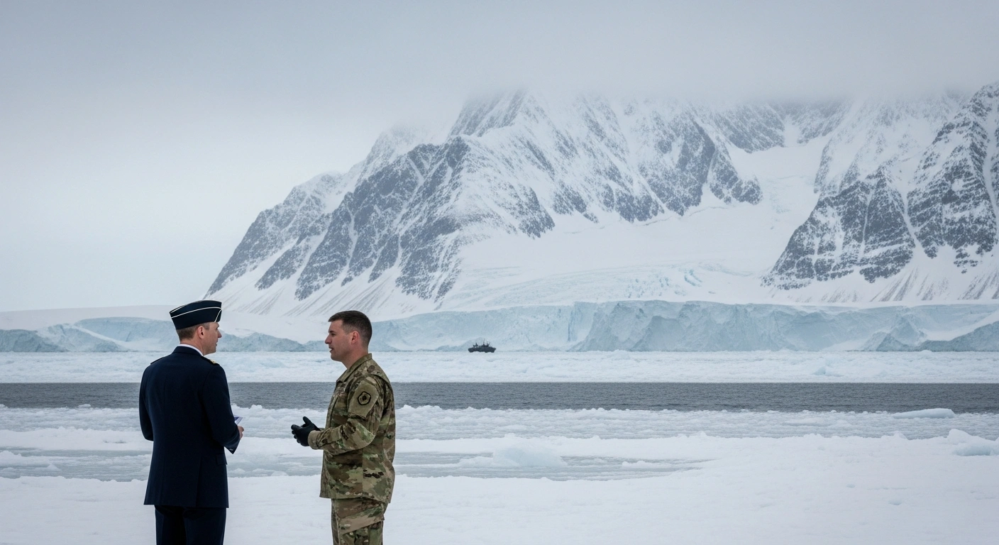 A low-angle, wide shot depicts a Danish Major General and a high-ranking American officer standing on a snow-dusted outcrop overlooking an icy fjord in Greenland, symbolizing the invitation for military exercises and increased NATO presence in the region.