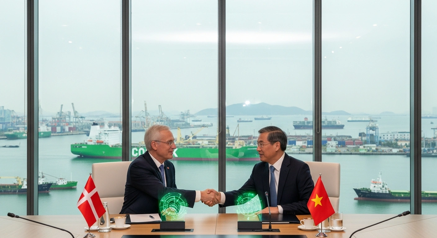 Two representatives, one from Denmark and one from Vietnam, shake hands in a modern conference room in Hanoi, overlooking a bustling port with green-energy ships, symbolizing their Green Strategic Partnership and discussions on advancing green shipping, fleet efficiency, sustainability, and regulatory development within the maritime sector.