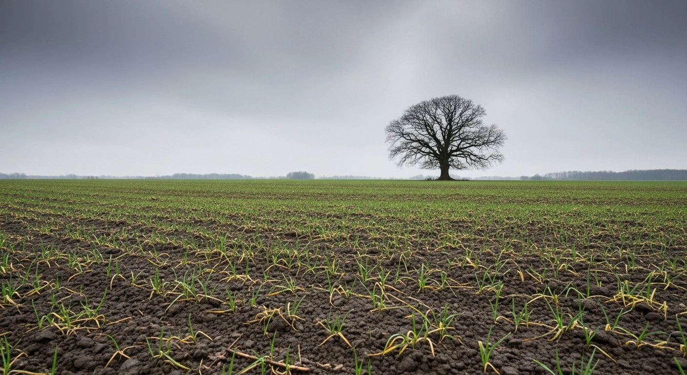 A wide, low-angle shot of a damp Danish field in winter, showing patches of premature green growth and a bare oak tree under a muted grey sky, depicting the impact of warmer temperatures and decreased frost days in Denmark due to climate change.