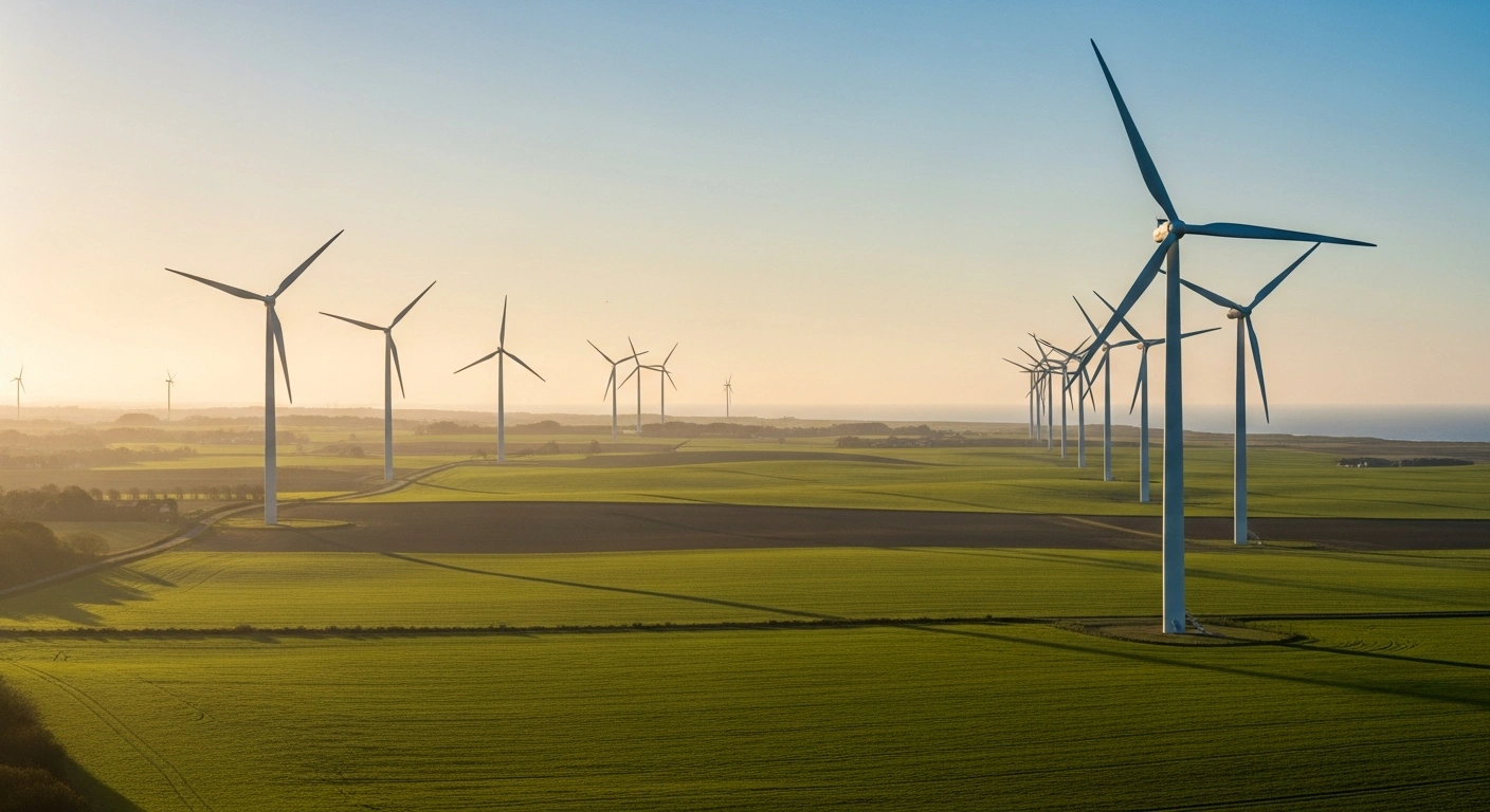A row of modern wind turbines stands in a lush green field in Denmark during a sunny day, representing the country's increased wind energy production and lower electricity prices.