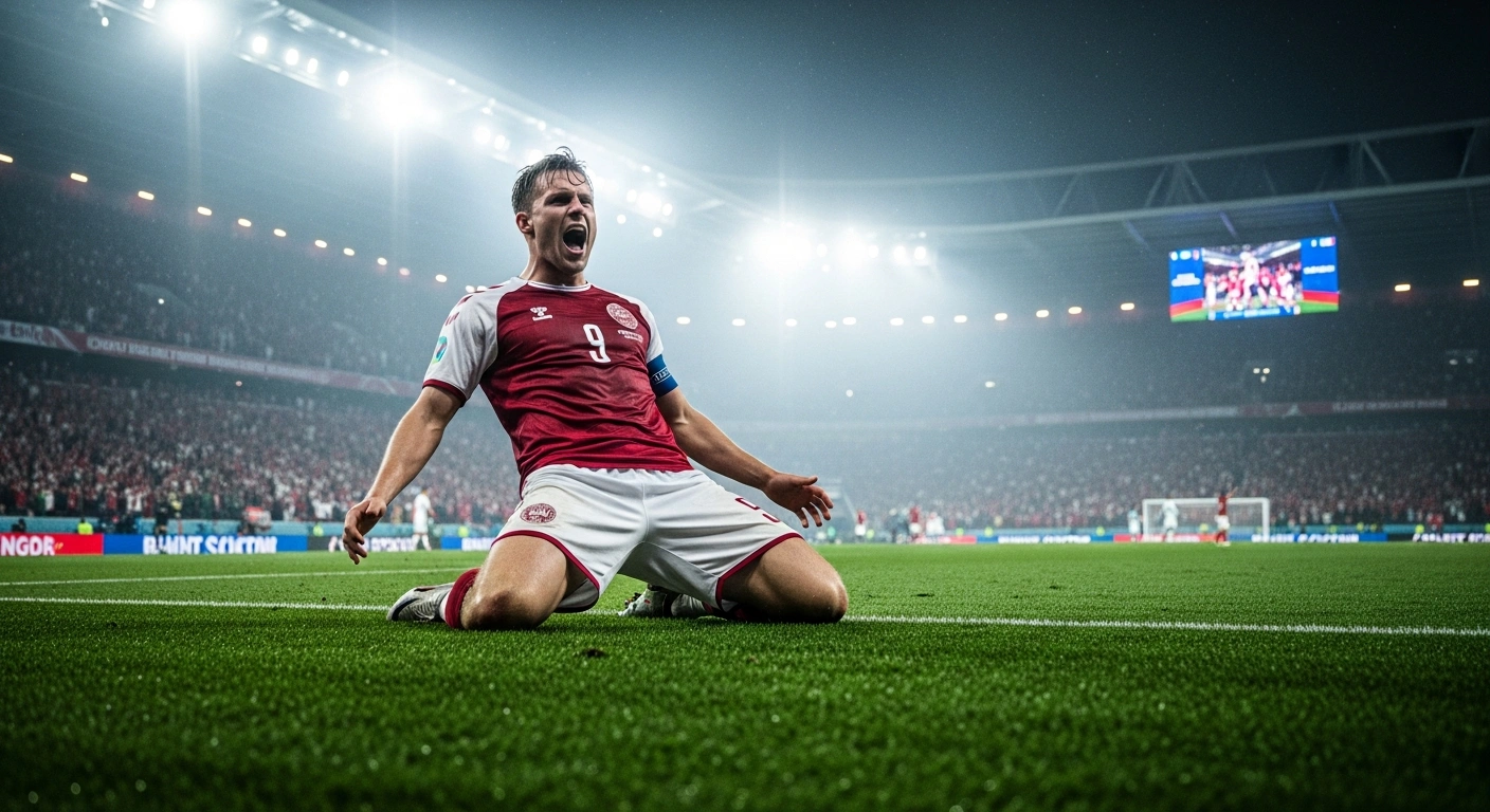 A Danish football player celebrates a decisive victory on the pitch at Parken Stadium in Copenhagen during the 2026 FIFA World Cup qualification play-offs.