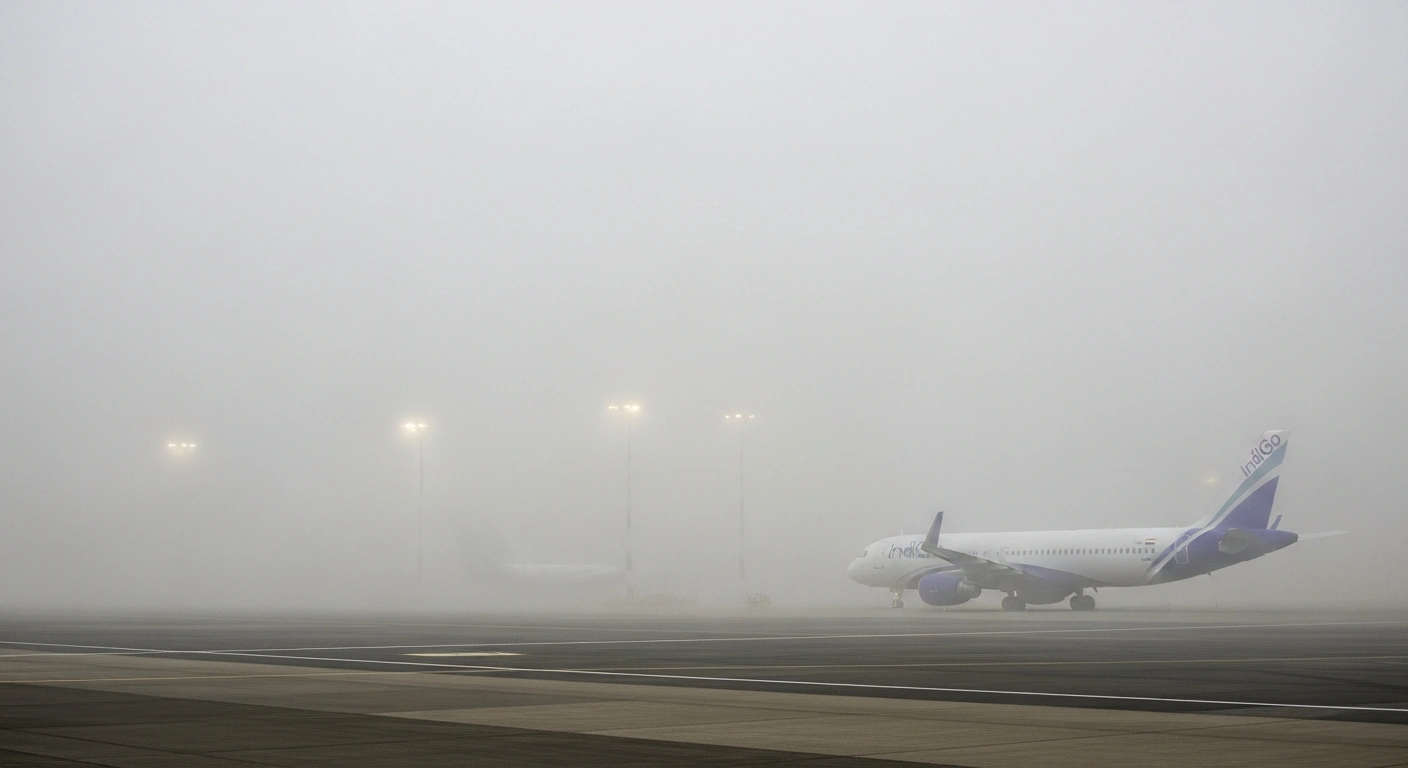 A wide, low-angle view of an airport tarmac shrouded in dense, milky white fog, with the tail fin of a large passenger jet barely visible in the mid-ground, illustrating the low visibility causing IndiGo flight disruptions and delays at Indian airports.