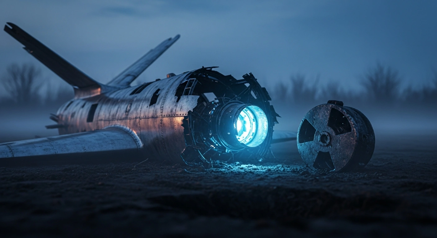 The wreckage of a Russian-manufactured drone lies in a field with exposed components suspected to contain depleted uranium.
