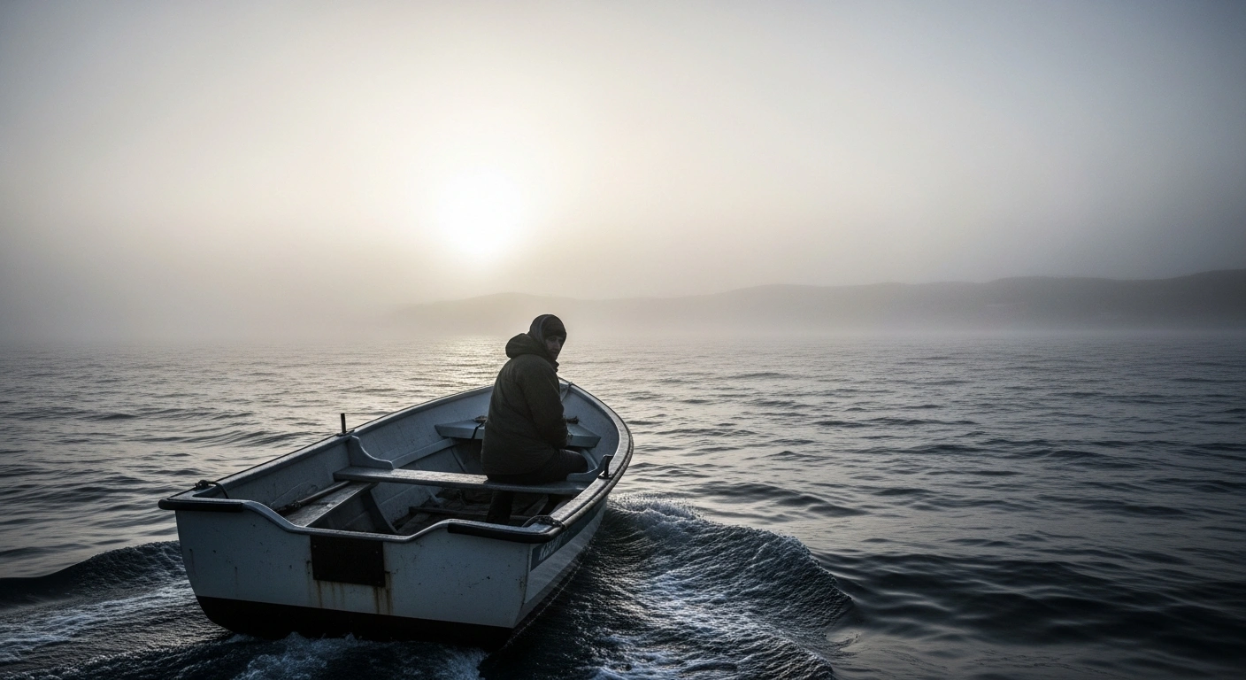 A solitary figure in a small boat approaches a misty shoreline at dawn, symbolizing a man who re-entered the UK after being deported under the migrant returns scheme, raising questions about its effectiveness.