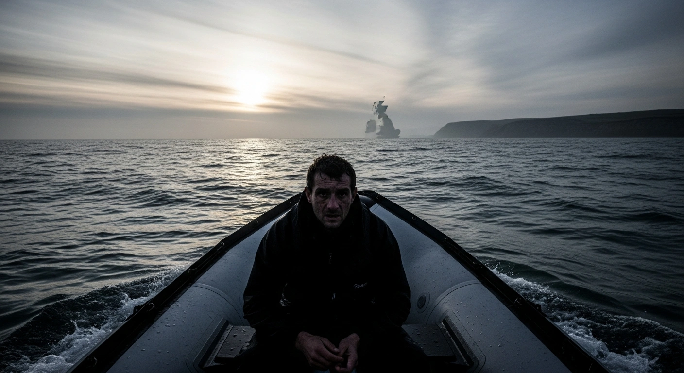 A lone man, previously deported under the UK-France migrant deal, navigates choppy pre-dawn waters in a small inflatable dinghy, approaching the British coast, illustrating the ongoing Channel crossings and attempts to return to the UK.