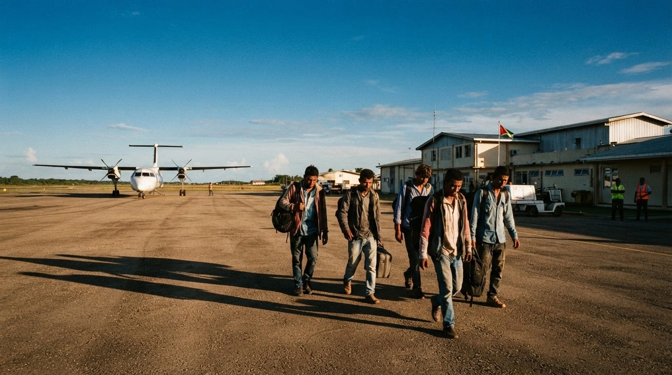 Six individuals including Cuban and Afghan nationals arrive at an airport in Guyana after being deported from the United States.
