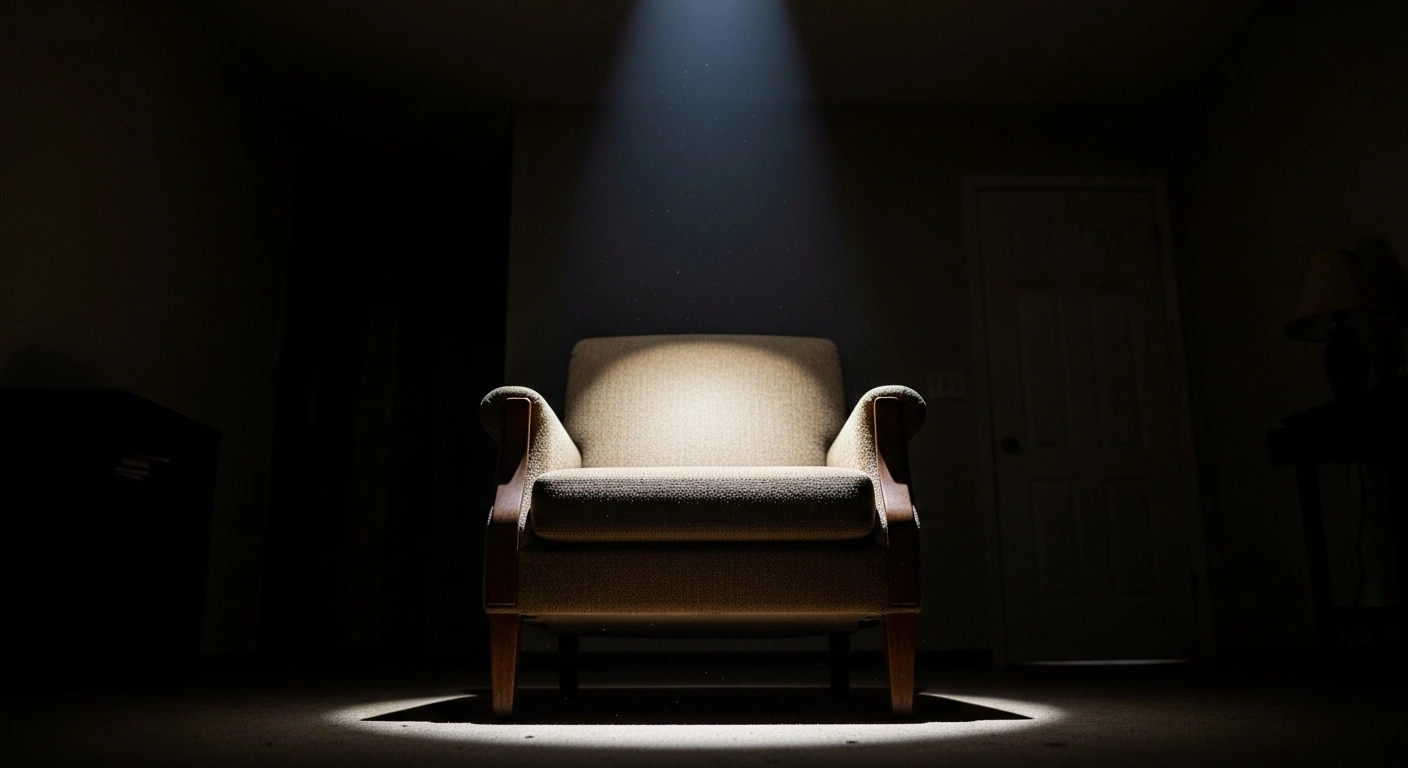 A stark spotlight illuminates a worn, empty armchair in a dimly lit living room, symbolizing the tragic shooting of Sonya Massey by former Deputy Sean Grayson in her Springfield, Illinois, home, which led to his murder conviction and calls for mental health reform.