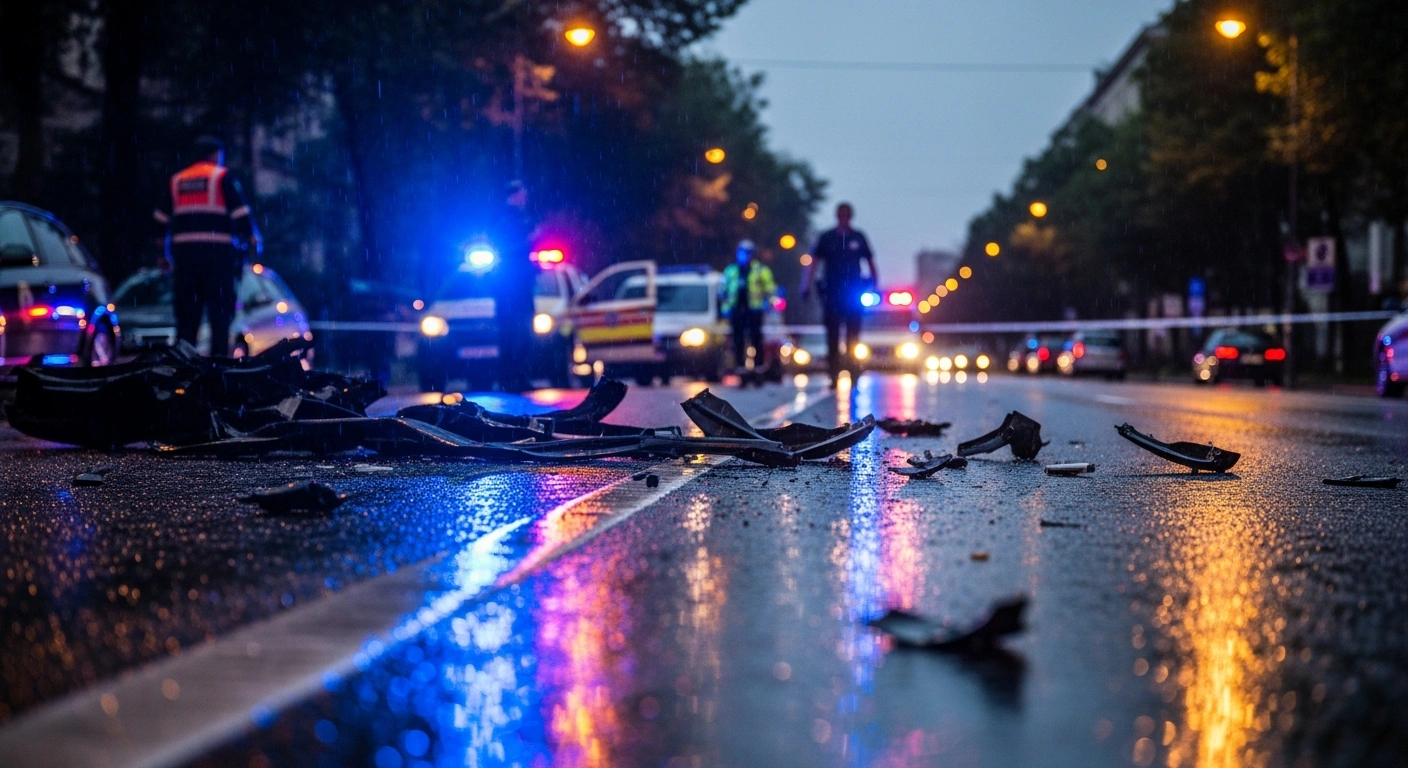 Emergency vehicles and police officers investigate the scene of a serious collision in Derby where seven people were injured.