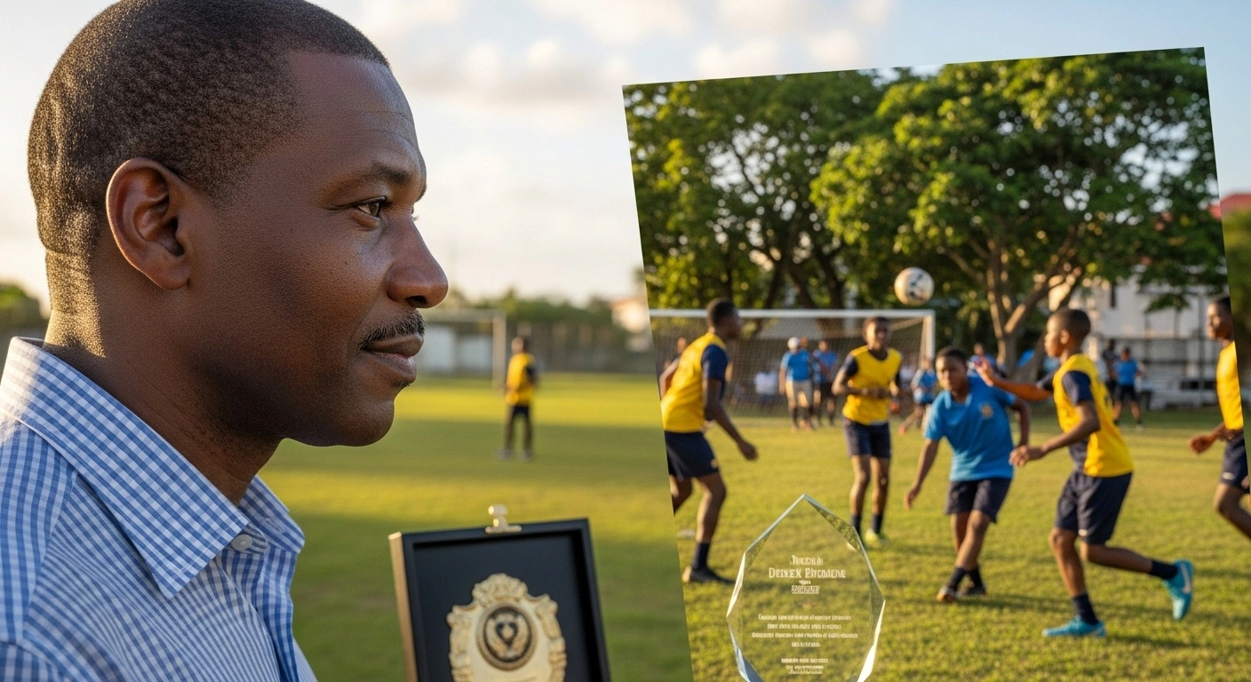 Montserratian Derek Browne, recipient of the Pride of Barbados Award, stands proudly in golden light with a prestigious award, while young athletes play in a vibrant Barbadian landscape, symbolizing his dedication to youth development through sports in St. James parish.