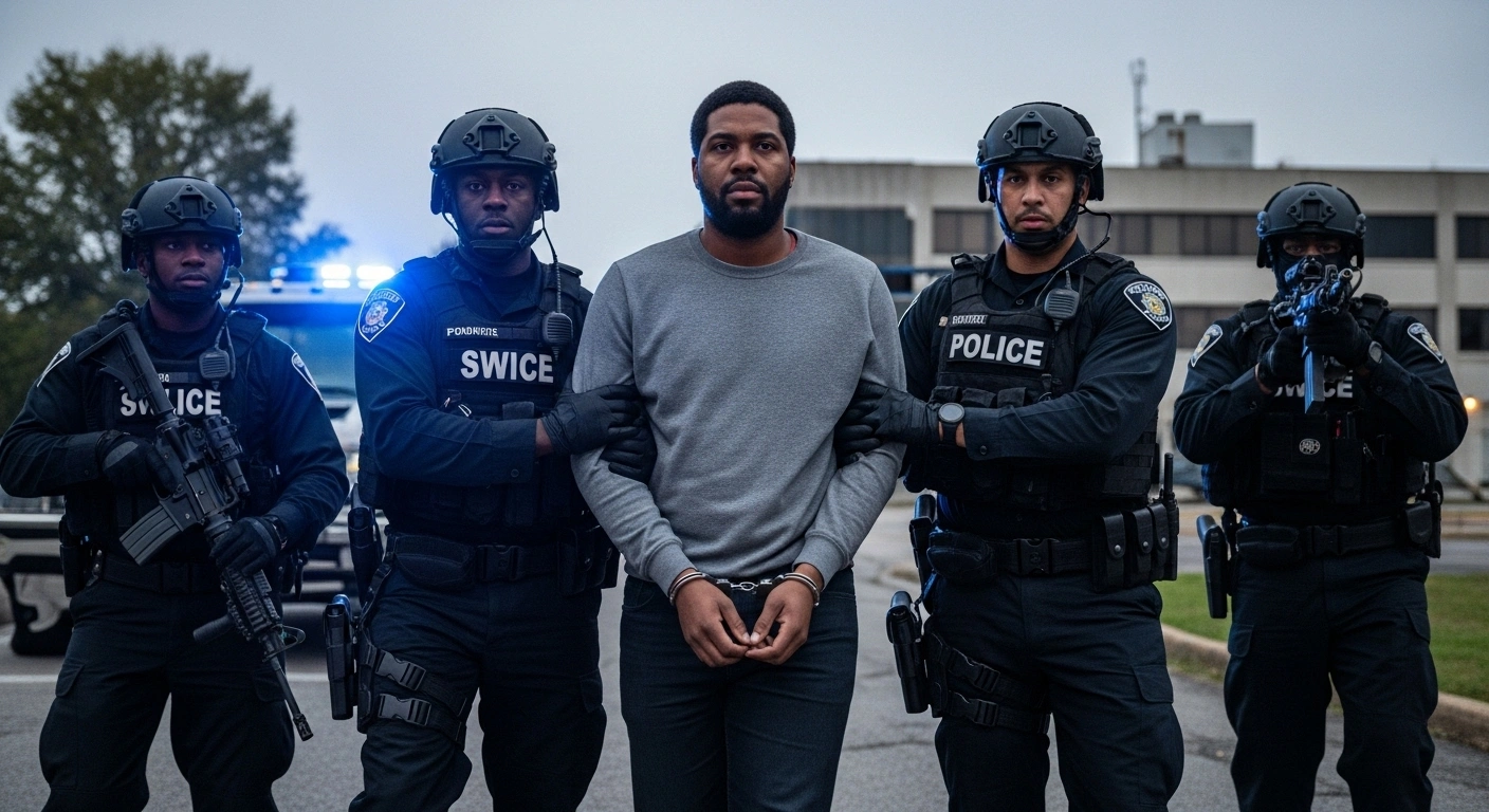 Derrick Groves, the final inmate from the Orleans Parish Justice Center jailbreak, is shown handcuffed and surrounded by SWAT officers under flashing police lights in Atlanta, following a multi-agency standoff that ended a five-month search.