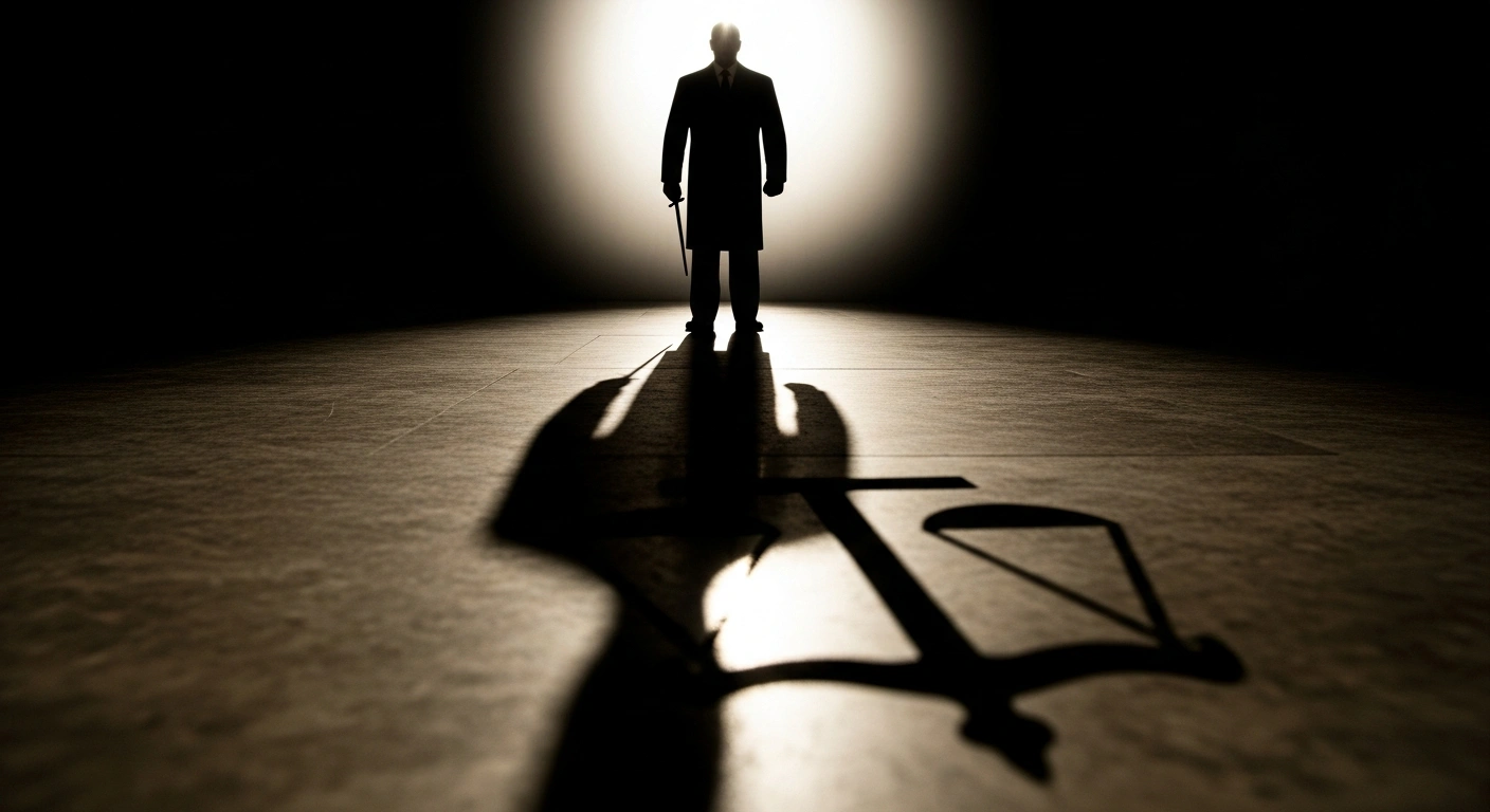 An imposing figure, representing Florida Governor Ron DeSantis, stands silhouetted against a harsh light, casting a long, dark shadow that engulfs a stylized symbol of justice on a polished floor, symbolizing the executive order classifying CAIR and the Muslim Brotherhood as 'foreign terrorist organizations' and the subsequent legal challenge.