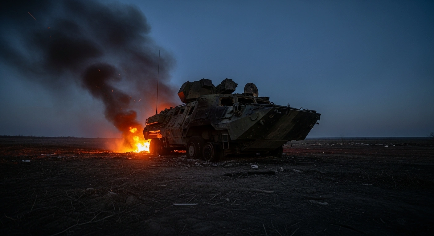 The charred remains of a destroyed Russian R-330Zh Zhitel electronic warfare system sit in a field in the Zaporizhzhia region following a Ukrainian military strike.