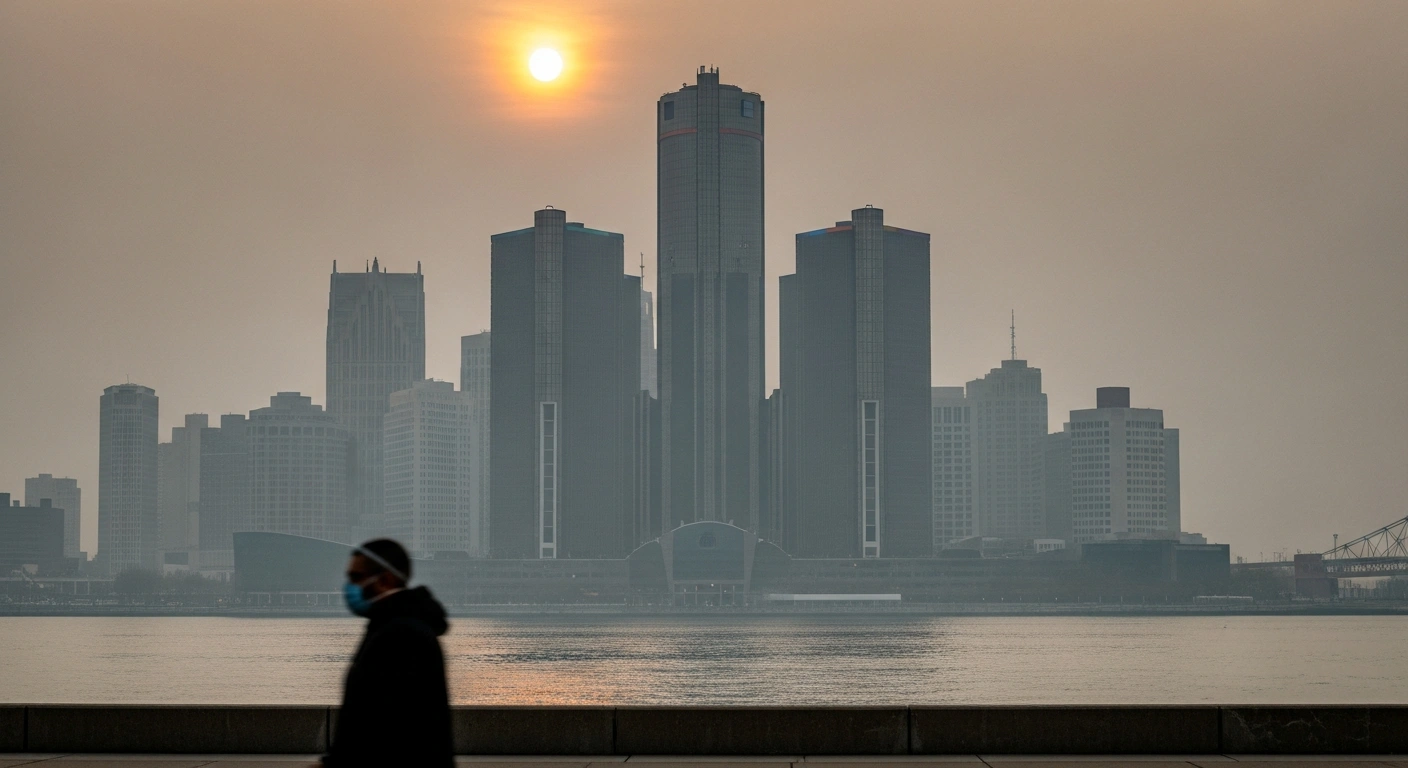 A hazy Detroit skyline is blanketed in thick smoke from fireworks, creating poor air quality conditions for the city.