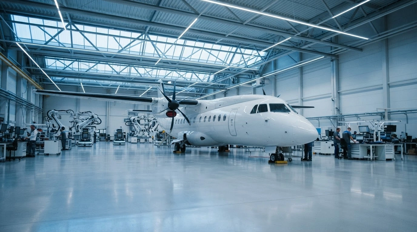 A modern D328eco regional turboprop aircraft sits inside the new Deutsche Aircraft final assembly line facility at Leipzig/Halle Airport in Germany.