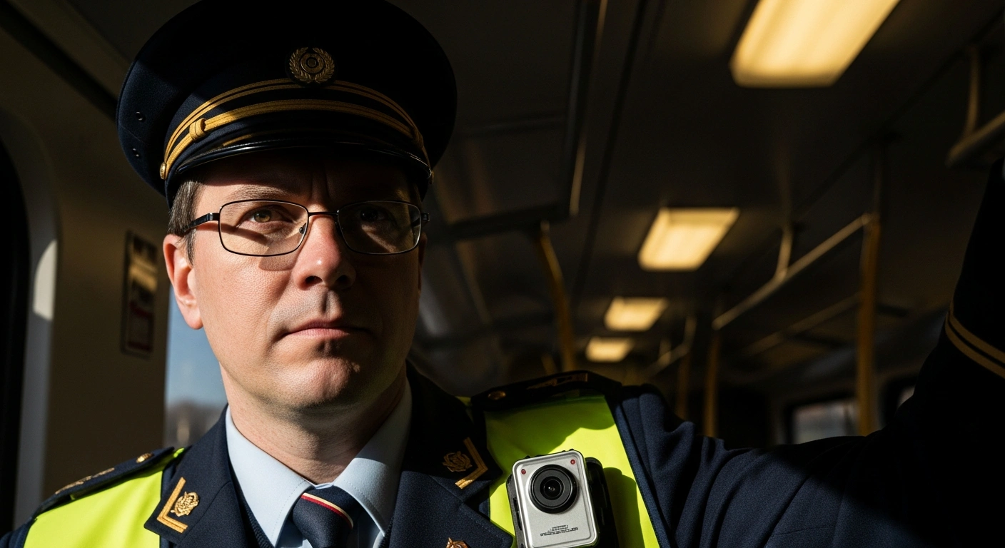 A railway conductor, dressed in uniform, stands in a train carriage with a bodycam clearly visible on their chest, representing new safety measures implemented by Deutsche Bahn to protect employees from rising violence.