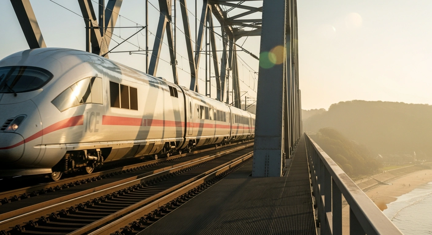 A modern Deutsche Bahn ICE train travels along a scenic rail route connecting the German Rhine region to the Belgian coast of Ostend.