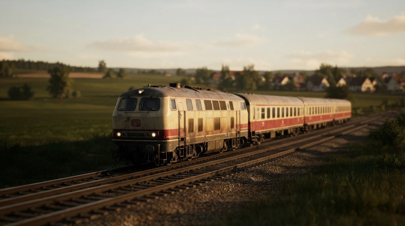 A classic Deutsche Bahn IC1 long-distance train travels through a scenic German landscape during its final years of service.