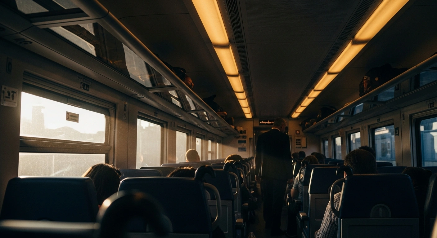 A German transport official stands in a crowded, overheated train carriage during a rail disruption caused by an air-conditioning failure on a Deutsche Bahn train.