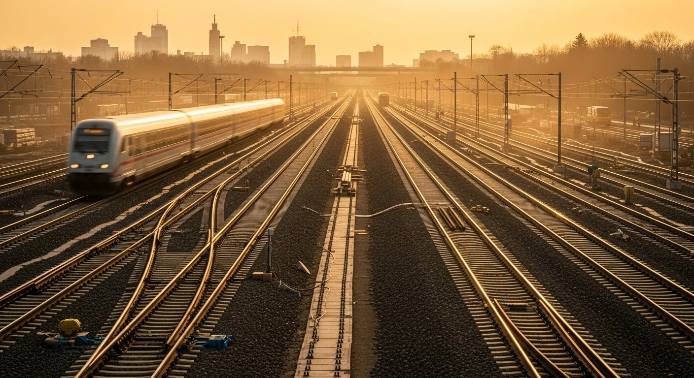 A wide, golden-hour photograph captures a modern German rail construction site with sleek new tracks alongside older infrastructure, as a high-speed train passes, symbolizing Deutsche Bahn's record investment to modernize Germany's aging rail network and improve reliability.