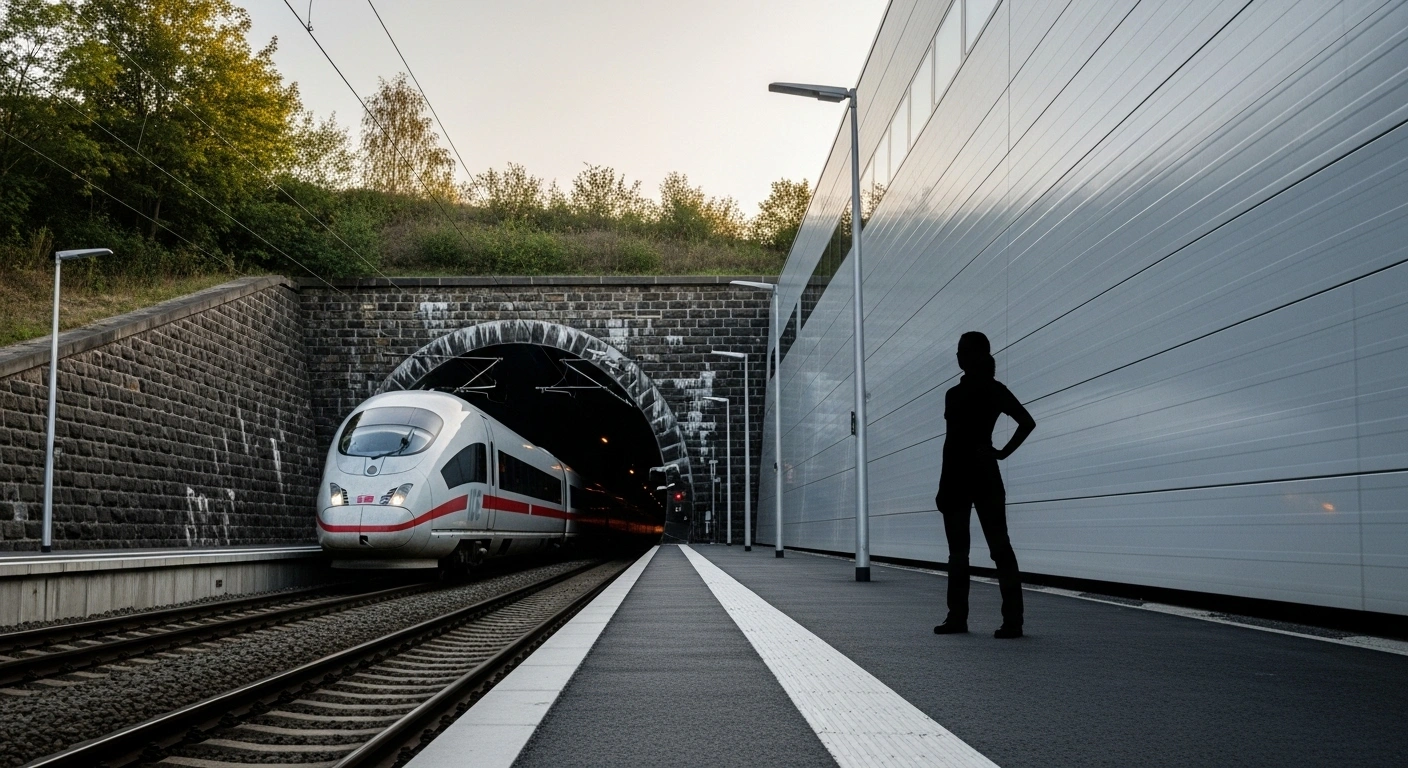 A sleek, modern German ICE train emerges from a tunnel that blends old and new infrastructure, symbolizing Deutsche Bahn's modernization efforts, while a determined female silhouette stands on a platform, representing new CEO Evelyn Palla's leadership in the reform package.