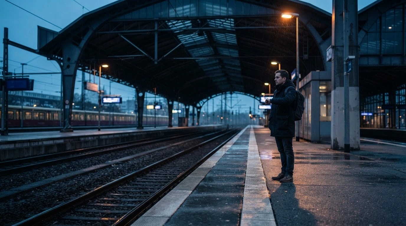 A lone passenger waits on a deserted platform at a German train station during a period of high Deutsche Bahn service cancellations.
