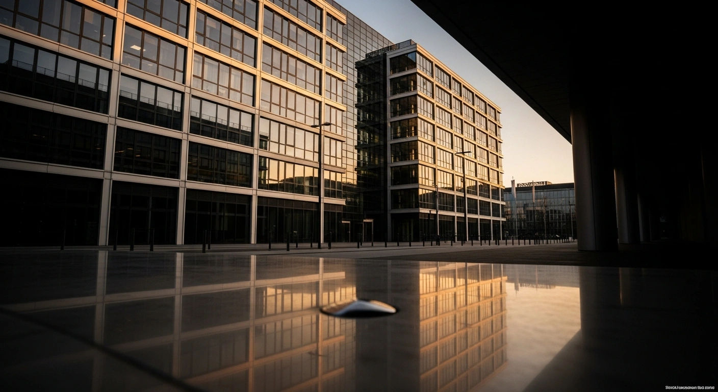 A modern office building in Munich glows under golden hour light, representing the financial stability and profitability of Deutsche Pfandbriefbank.