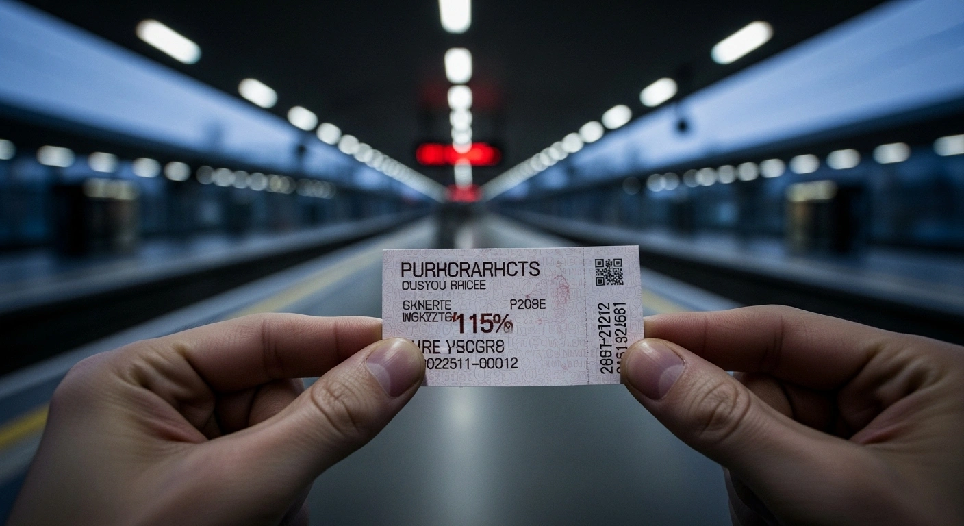 A slightly worn public transport ticket is held in a hand, illuminated by cool light with a subtle red glow in the blurred background of a train station, representing Germany's Deutschlandticket price increase from 58 to 63 Euros amidst federal and state financial disagreements over rising operational costs.